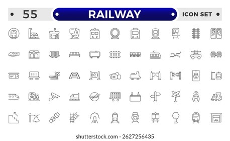 Railway industry outline icons set. Railroad company. Rail transport. Train station. Customizable thin line symbols. 
