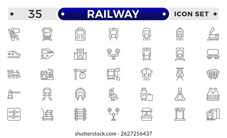 Railway industry outline icons set. Railroad company. Rail transport. Train station. Customizable thin line symbols. 
