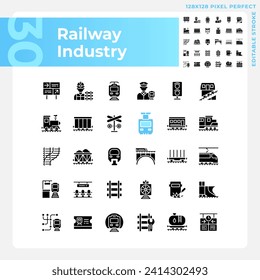 Railway industry pixel perfect black glyph icons set on white space. Railroad company. Rail transport. Train station. Silhouette symbols. Solid pictogram pack. Vector isolated illustration