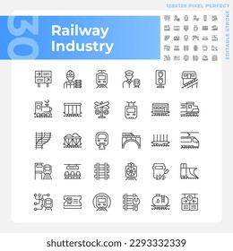 Railway industry pixel perfect linear icons set. Railroad company. Rail transport. Train station. Customizable thin line symbols. Isolated vector outline illustrations. Editable stroke