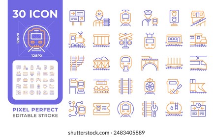 Railway industry two color line icons set. Railroad company. Rail transport. Train station. Urban commuting bicolor outline iconset isolated. Duotone pictograms thin linear. Editable stroke