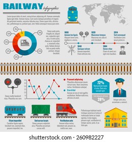 Railway infographic set with passenger transportation symbols and charts vector illustration