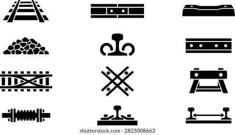 Railway infrastructure icon set featuring tracks, rails, sleepers, ballast, switches, crossings, track components, barriers, and railway maintenance equipment