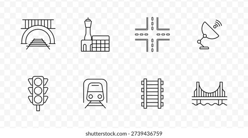 Railway infrastructure set icon. Tunnel, airport, road junction, satellite, traffic light, train, railway, bridge, transport, navigation, structure