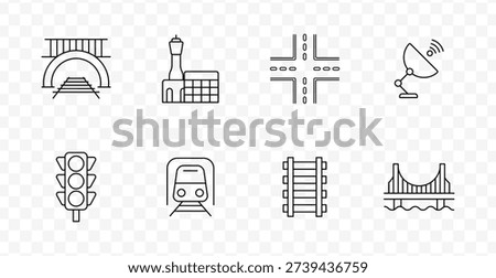 Railway infrastructure set icon. Tunnel, airport, road junction, satellite, traffic light, train, railway, bridge, transport, navigation, structure