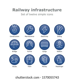 Railway infrastructure. Set of twelve flat linear icons with editable strokes