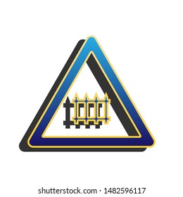 Railway Intersection sign. Blue icon with gold contour with dark gray shadow at white background. Illustration.