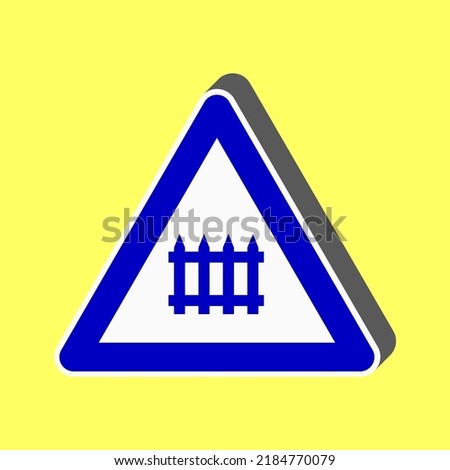 Railway Intersection sign. Blue Icon with white stroke in 3d at yellow Background. Illustration.