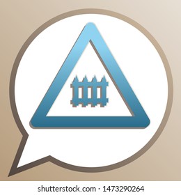 Railway Intersection sign. Bright cerulean icon in white speech balloon at pale taupe background. Illustration.