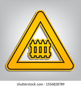 Railway Intersection sign. Flat orange icon with overlapping linear black icon with gray shadow at whitish background. Illustration.