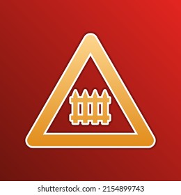 Railway Intersection sign. Golden gradient Icon with contours on redish Background. Illustration.