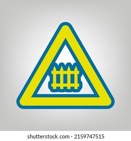 Señal de la intersección ferroviaria. Icono en colores de la bandera de Ucrania (amarillo, azul) en fondo gris. Ilustración.