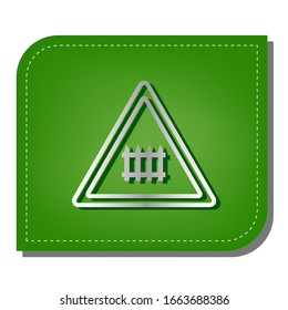 Railway Intersection sign. Silver gradient line icon with dark green shadow at ecological patched green leaf. Illustration.