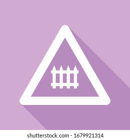 Eisenbahnquerschnitt-Schild. Weißes Symbol mit langem Schatten auf violettem Hintergrund. Illustration.