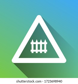 Signo de intersección ferroviaria. Icono blanco con una sombra sin límites en gris sobre fondo verde a azul.  Ilustración.