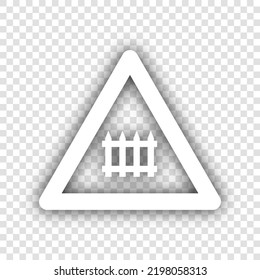 Eisenbahnquerschnitt-Schild. Weißes Symbol mit heruntergefallenem natürlichem grauem Schatten auf transparentem Hintergrund. Illustration.