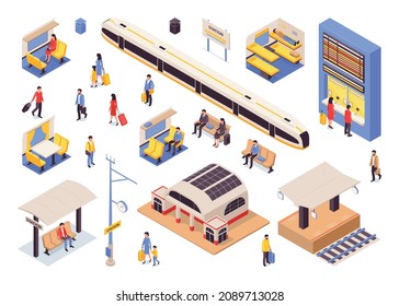 Conjunto de colores isométricos de los ferrocarriles de los pasajeros con maletas en espera de tren en el andén y en la ilustración vectorial aislada del vestíbulo