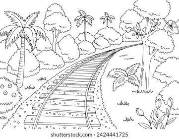 Railway jungle railroad graphic black white sketch landscape illustration vector