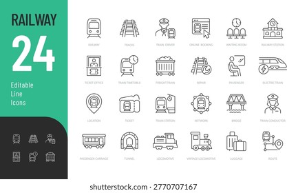 
Railway Line Editable Icons set. Vector illustration in a modern thin line style of vehicle related icons: types of trains and carriages, railway service, and more. Isolated on background.
