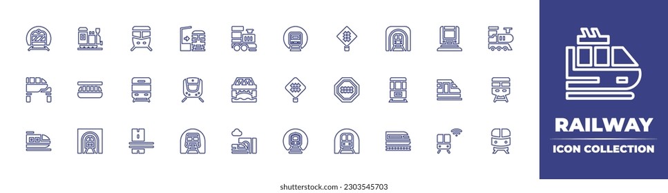 Colección de iconos de línea ferroviaria. Trazo editable. Ilustración vectorial. Consta de metro, locomotora, tren, estación de tren, ferrocarril, señalización, metro, monorraíl, puente, tren bala, túnel.