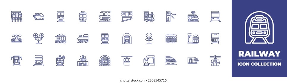Railway line icon collection. Editable stroke. Vector illustration. Containing high speed train, bullet train, train, metro, funicular, turnstile, draisine, traffic light, mine, level crossing.