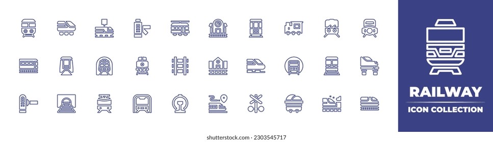 Railway line icon collection. Editable stroke. Vector illustration. Containing railway, train, turnstiles, tram, railroad, metro, subway, locomotive, monorail, train station, underground, high speed.