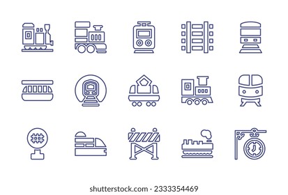 Railway line icon collection. Editable stroke. Vector illustration. Containing locomotive, train, railroad, metro, monorail, subway, tram, cross, barrier, cargo, clock.