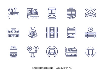 Railway line icon collection. Editable stroke. Vector illustration. Containing connection, steam locomotive, subway, monorail, level crossing, carriage, locomotive, tracks, railroad, schedule, train.