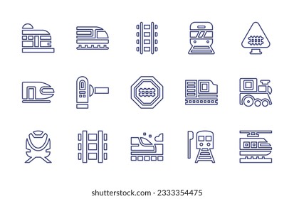 Railway line icon collection. Editable stroke. Vector illustration. Containing subway, train, tracks, railway, turnstile, freight wagon, high speed train.
