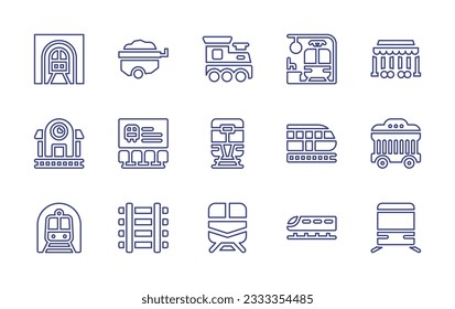 Railway line icon collection. Editable stroke. Vector illustration. Containing tunnel, cart, railroad, platform, wagon, waiting room, subway, train, cage, railway.