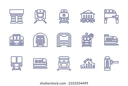 Colección de iconos de línea ferroviaria. Trazo editable. Ilustración vectorial. Con parada de amortiguación, tren, mina, monorraíl, tanque, ferrocarril, tren de alta velocidad, estación ferroviaria, tren bala, metro, montaña rusa