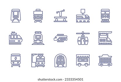 Railway line icon collection. Editable stroke. Vector illustration. Containing monorail, train, railway, high speed train, funicular, train station, electric train, metro, wagon, circus.