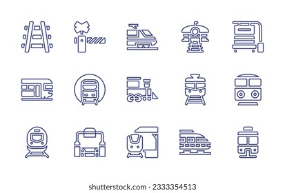 Railway line icon collection. Editable stroke. Vector illustration. Containing tracks, barrier, train, train station, bench, subway, railway station, metro.