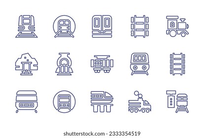 Colección de iconos de línea ferroviaria. Trazo editable. Ilustración vectorial. Conteniendo tren, metro, puerto, tren, locomotora, mina de oro, tren, metro, tren de alta velocidad, plataforma de tren.