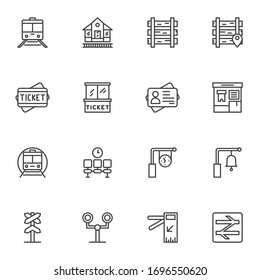 Railway line icons set. linear style symbols collection, outline signs pack. vector graphics. Set includes icons as railroad train, ticket office, travel document, waiting hall, railway station 