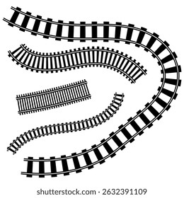 Railway Line, Rails Symbol, Train Tracks Sign, Railroad Pictogram,  Vector, Black railway tracks, Railroads curved straight, traffic signs. Transport vector silhouettes set, eps10 11:11