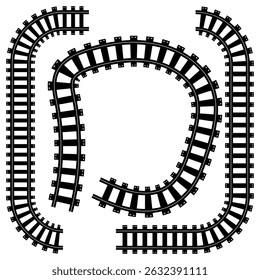 Railway Line, Rails Symbol, Train Tracks Sign, Railroad Pictogram,  Vector, Black railway tracks, Railroads curved straight, traffic signs. Transport vector silhouettes set, eps10 11:11