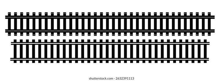 Railway Line, Rails Symbol, Train Tracks Sign, Railroad Pictogram,  Vector, Black railway tracks, Railroads curved straight, traffic signs. Transport vector silhouettes set, eps10 11:11
