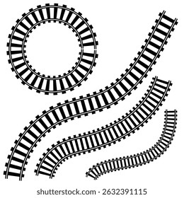 Railway Line, Rails Symbol, Train Tracks Sign, Railroad Pictogram,  Vector, Black railway tracks, Railroads curved straight, traffic signs. Transport vector silhouettes set, eps10 11:11