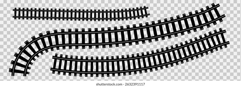 Railway Line, Rails Symbol, Train Tracks Sign, Railroad Pictogram,  Vector, Black railway tracks, Railroads curved straight, traffic signs. Transport vector silhouettes set, eps10 11:11