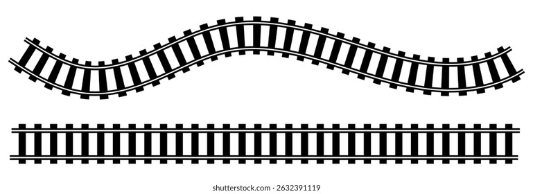 Railway Line, Rails Symbol, Train Tracks Sign, Railroad Pictogram,  Vector, Black railway tracks, Railroads curved straight, traffic signs. Transport vector silhouettes set, eps10 11:11