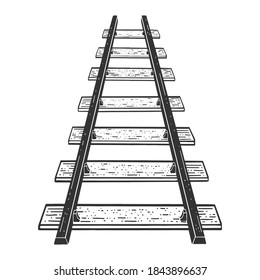 railway line stretching beyond the horizon sketch engraving vector illustration. T-shirt apparel print design. Scratch board imitation. Black and white hand drawn image.