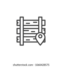 Railway location outline icon. linear style sign for mobile concept and web design. Map pointer rails and sleepers simple line vector icon. Symbol, logo illustration. Pixel perfect vector graphics