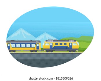 Railway locomotive modern train with wagon, subway metro, railway vehicle vector isolated. Railroad passenger transport.