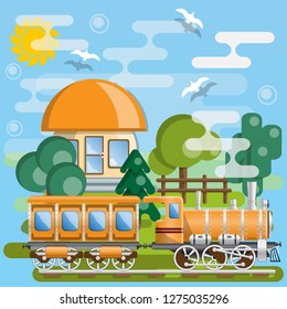 Railway with a locomotive. Side view. Vector illustration.