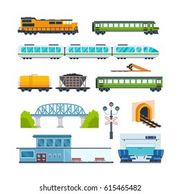 Railway locomotive with various wagons: transportation and cargo carriage coal. Wagons with passengers, freight, cisterns. Vector illustration isolated