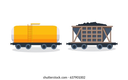 Railway locomotive with various wagons: transportation and cargo carriage coal. Wagons with freight, cisterns. Modern vector illustration isolated on white background.