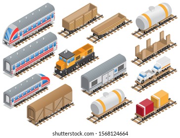 Railway locomotive and wagons. Isometric. Vector illustration.