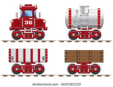 Railway locomotive and wagons. Side view. Isolated on a white background. Vector illustration.