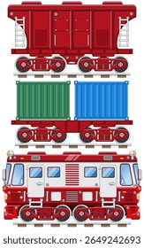 Locomotivas e vagões ferroviários. Vista lateral. Isolado em um fundo branco. Ilustração vetorial.